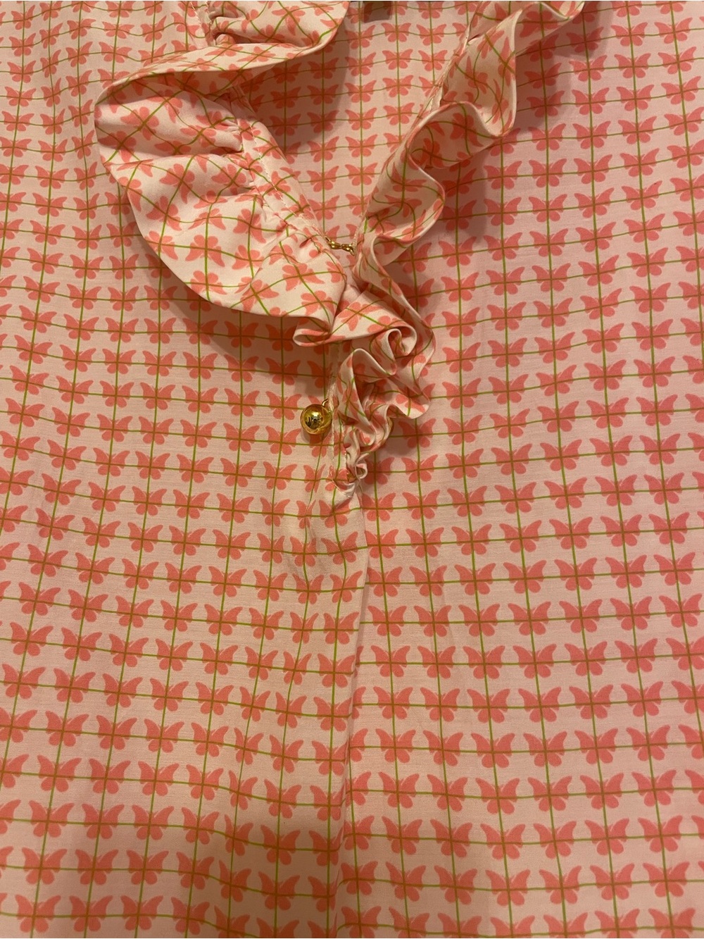 Elizabeth McKay Pink and Green Floral Ruffle Silk Blouse size 8 - Picture 3 of 5